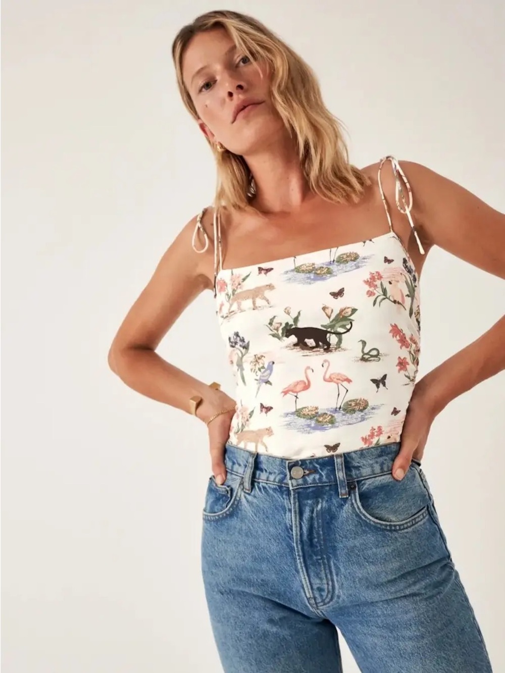 Reformation Cream Floral & Animal Print Tie-Shoulder Camisole